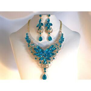 Aqua blue necklace set, wedding  MOB  prom party homecoming drag queen necklace